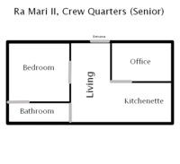 Senior officers' quarters are larger than basic, both as a perk of rank and because they are expected to have more work to bring back. Thus, there is an office space. A small kitchenette is mostly for light meals and coffee and the like while working.