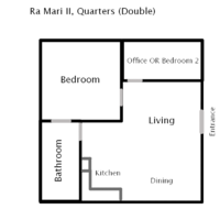 The double or family quarters meanwhile are often filled in part by civilians; these are for married or cohabiting individuals, or else small families. This setup includes a full, if small, kitchen and dining area.