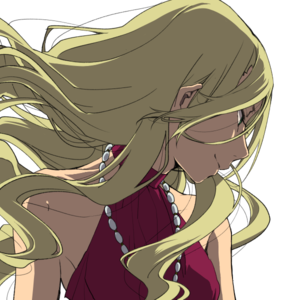 Image of a blond woman with hair blowing in the wind, slightly smirking, wearing a pearl necklace and crimson evening dress
